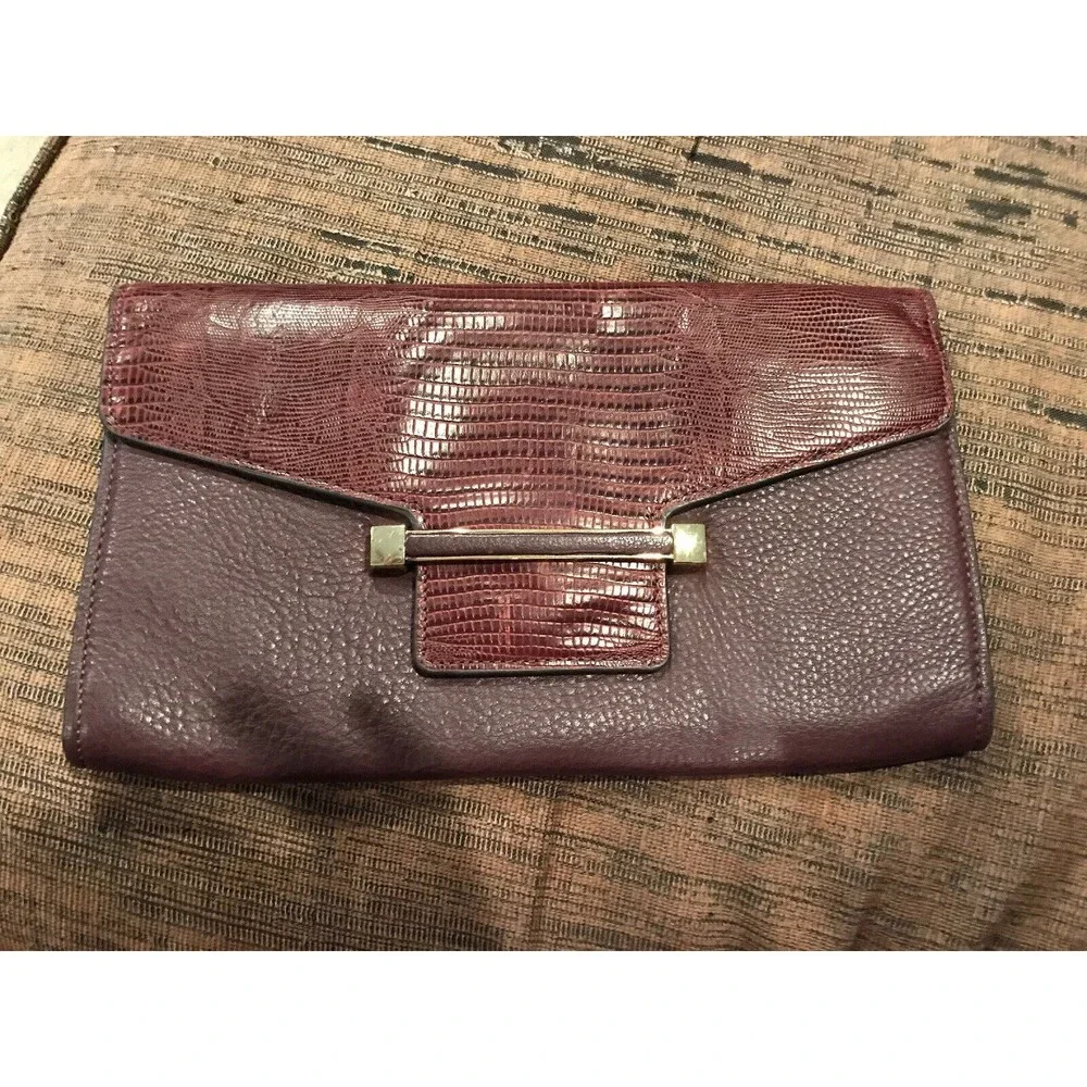 Vince Camuto Bordeaux Purple Leather Snakeskin Julia Clutch Purse